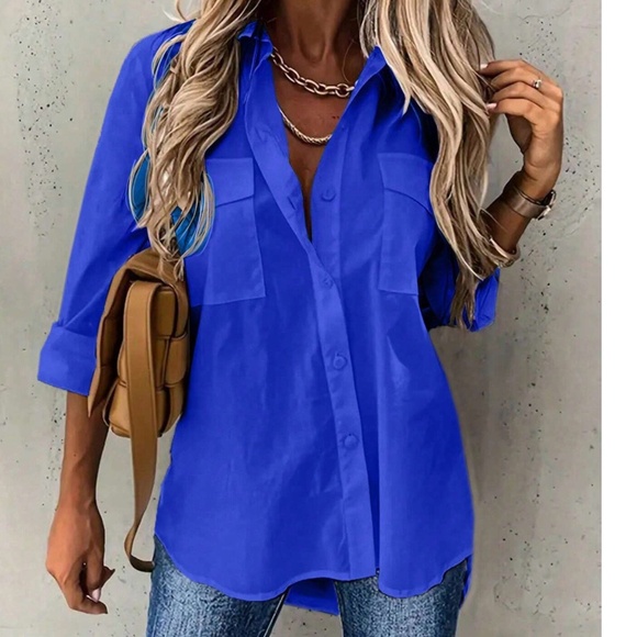 Classic Solid Pocket Button Down Boyfriend Shirt - Picture 2 of 5
